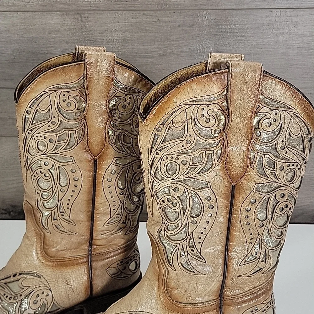 Girls Corral Tan Cut-Out Western Boots Sz 4.5